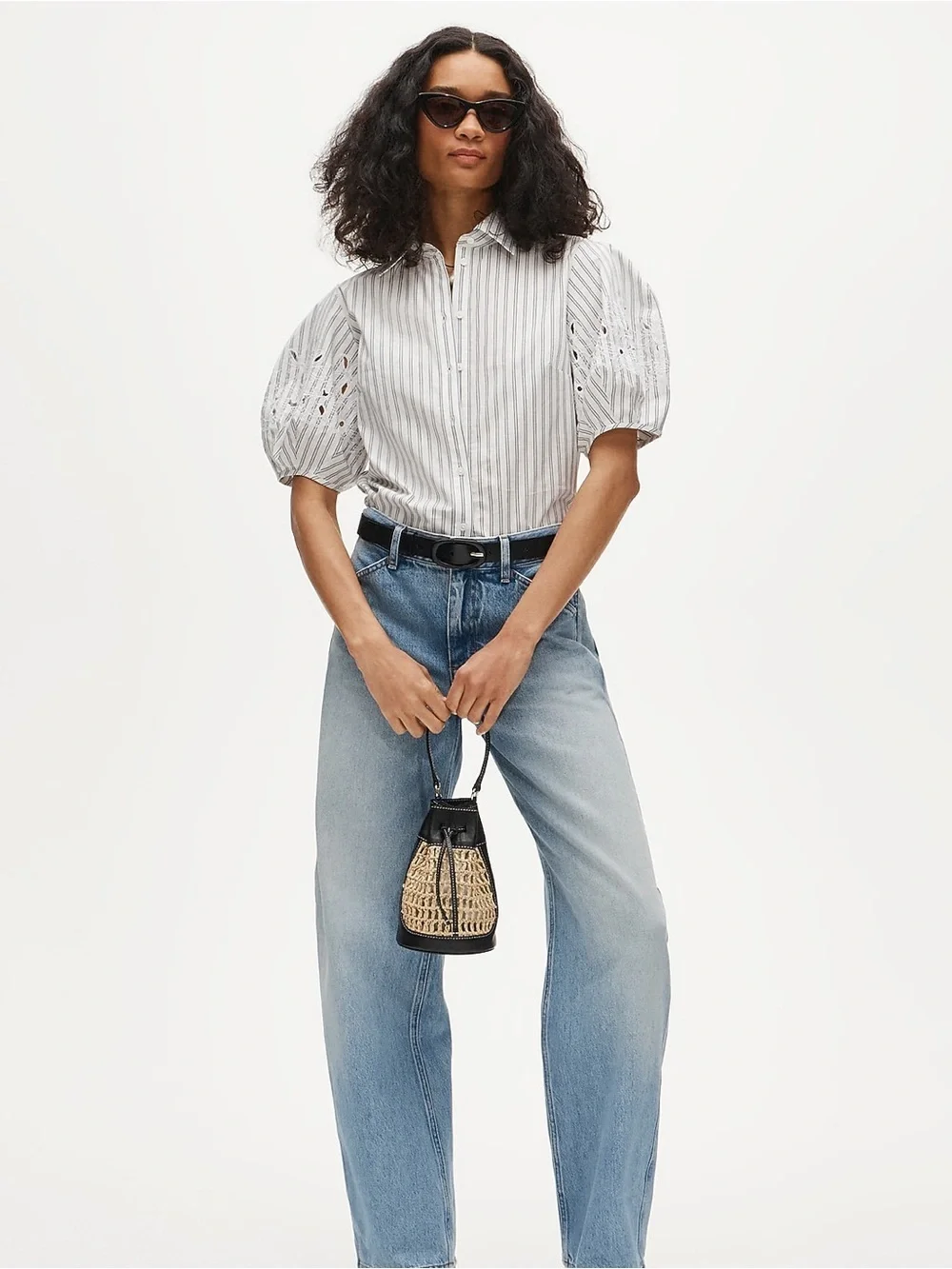 J crew ivory blue Eyelet puff-sleeve shirt in striped cotton poplin